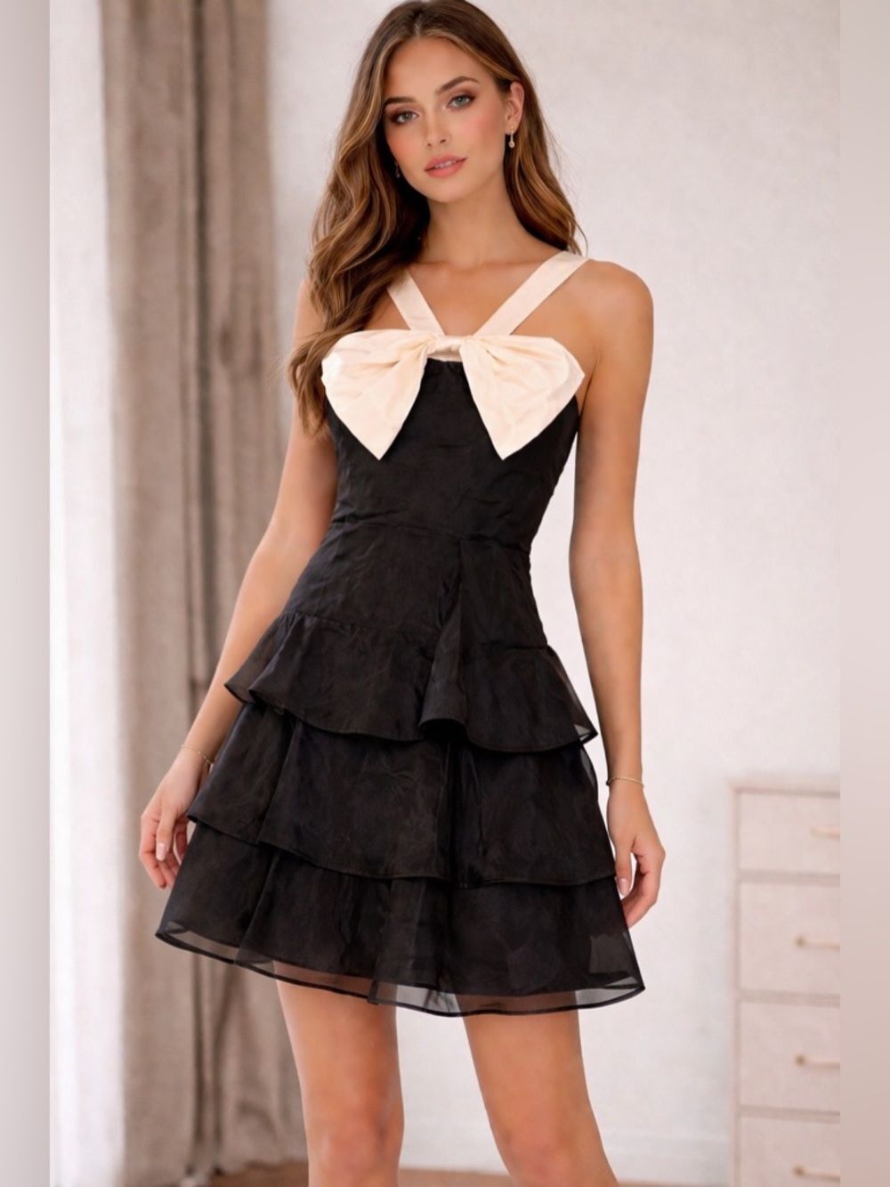 Lulus Black Tiered Ruffle Dress w/ Bow Strap Detail Size S Party Cocktail